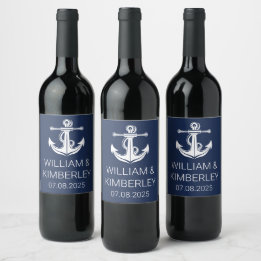 Anchor Navy Blue Nautical Elegant bröllop Vinflaska Etikett