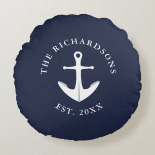 Anchor Navy Blue Personlig Nautical Rund Kudde