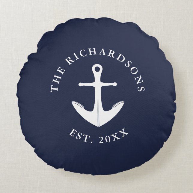 Anchor Navy Blue Personlig Nautical Rund Kudde (Framsidan)