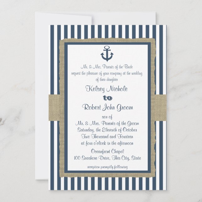 Anchor Navy Blue Rand Beach Wedding Inbjudningar (Baksida)