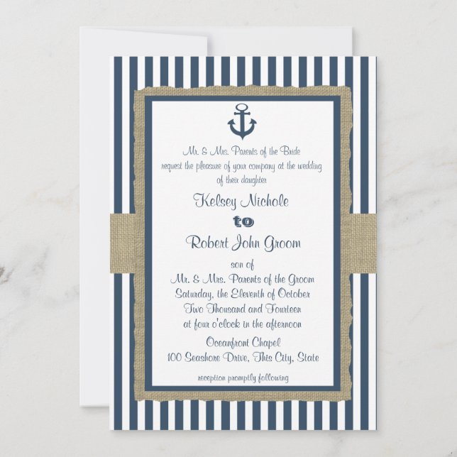 Anchor Navy Blue Rand Beach Wedding Inbjudningar (Baksida)