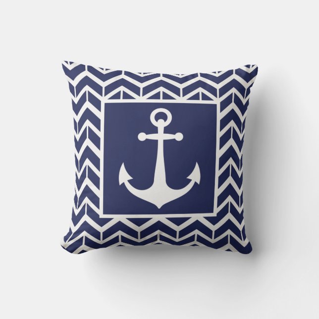 Anchor Navy Blue White Herringbone Coastal Bassäng Kudde (Framsida)