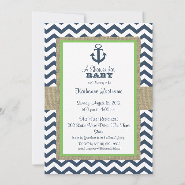 Anchor Navy Blue ZigZag Baby Shower Inbjudningar (Baksida)