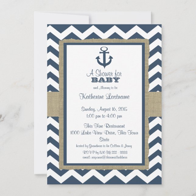 Anchor Navy Blue Zigzag Baby Shower Inbjudningar (Baksida)
