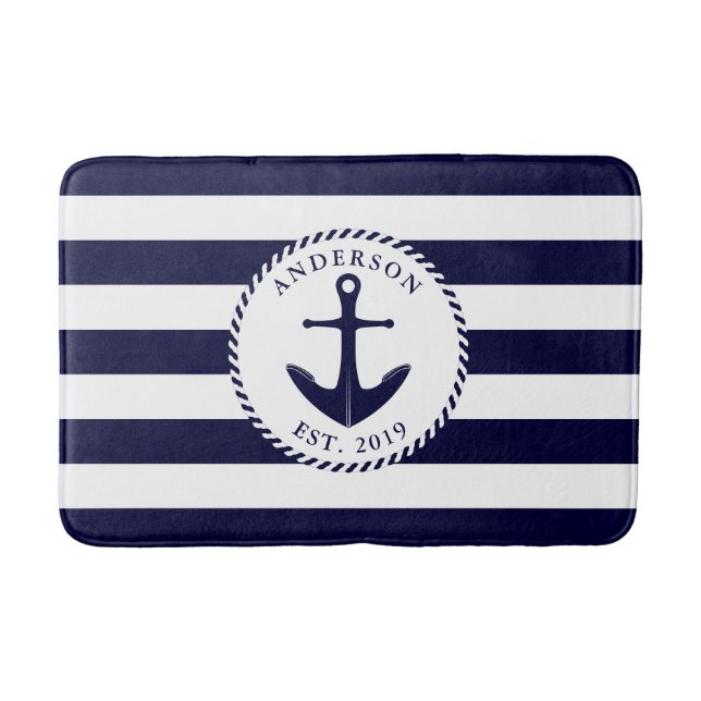 Anchor Navy och White Nautical Bath Mat Badrumsmatta (Framsidan)