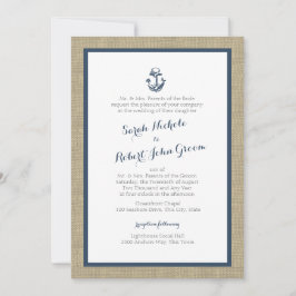 Anchor och Burlap Navy Blue Rustic Bröllop Inbjudningar