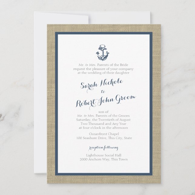 Anchor och Burlap Navy Blue Rustic Bröllop Inbjudningar (Framsida)