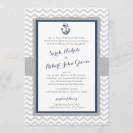 Anchor och Chevron Navy Blue och Grått Bröllop Inbjudningar