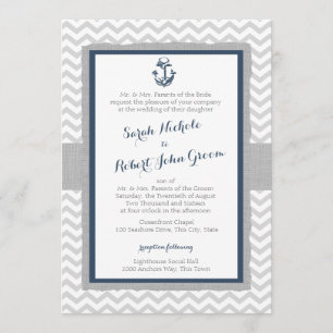 Anchor och Chevron Navy Blue och Grått Bröllop Inbjudningar