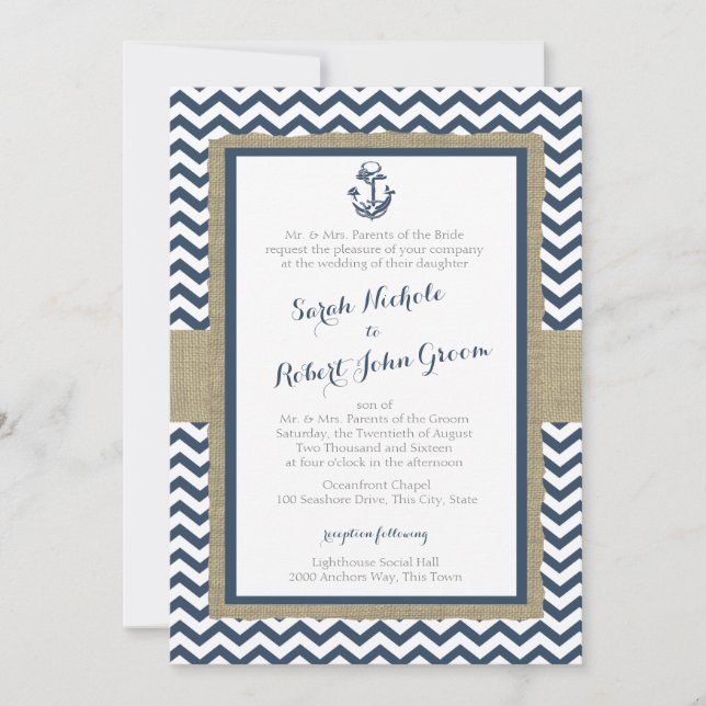 Anchor och Chevron Navy Blue Rustic Bröllop Inbjudningar (Framsida)