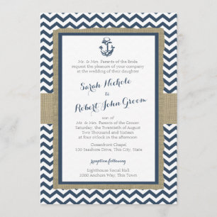Anchor och Chevron Navy Blue Rustic Bröllop Inbjudningar