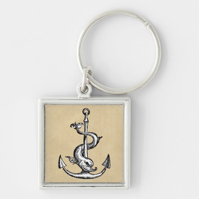 Anchor och Dolphin - Festina Lente Fyrkantig Silverfärgad Nyckelring (Framsidan)