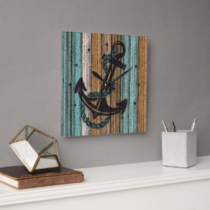 Anchor på Antique Weasted Wooden Planks Mönster Fyrkantig Klocka