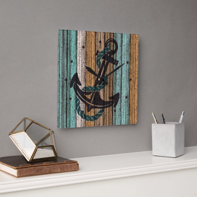 Anchor på Antique Weasted Wooden Planks Mönster Fyrkantig Klocka (Kontor)