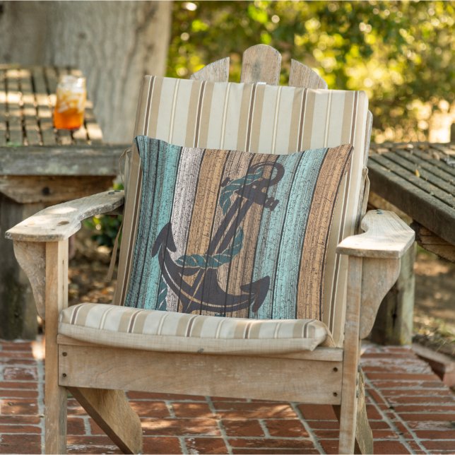 Anchor på Antique Weasted Wooden Planks Mönster Kudde (Stol)