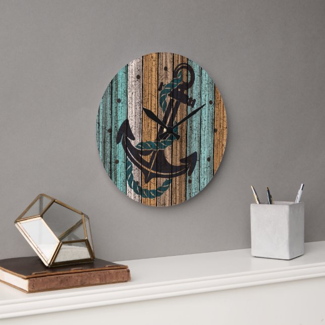 Anchor på Antique Weasted Wooden Planks Mönster Stor Klocka (Kontor)