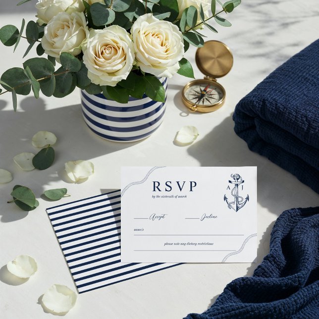 Anchor & Rope Nautical Monogram Navy & White OSA Kort (Anchor & Rope Nautical Monogram Navy & White RSVP Card)
