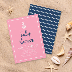 Anchor Rosa och Blue Script Baby Shower Inbjudningar