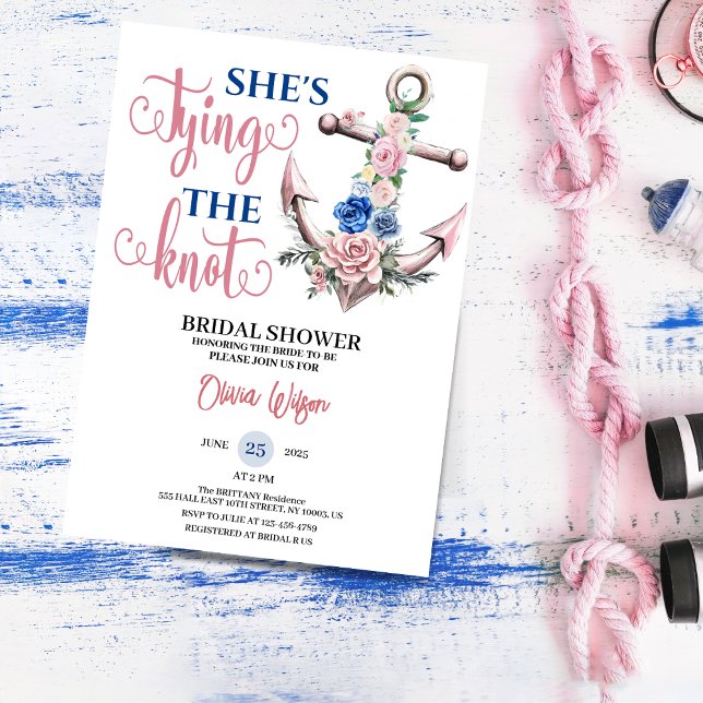 Anchor Rose Tying the Knot Nautical Bridal shower Inbjudningar (Anchor Rose Tying the Knot Nautical Bridal shower floral summer for her blush pink bride to be invit)