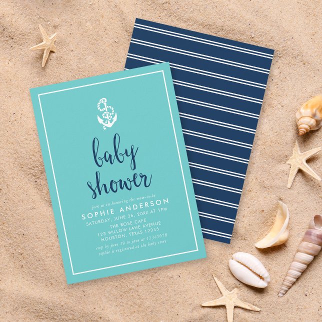 Anchor Turcos och Blue Script Baby Shower Inbjudningar (Skapare uppladdad)