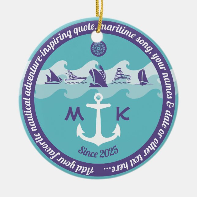 Anchor Vågar Nautical Frakt Boat Yacht Monogram Julgransprydnad Keramik (Framsidan)