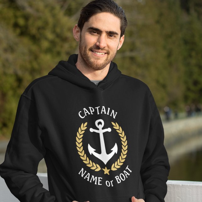 Anchor Your Boat Name Captain Gold Laurel Black Hoodie (Skapare uppladdad)