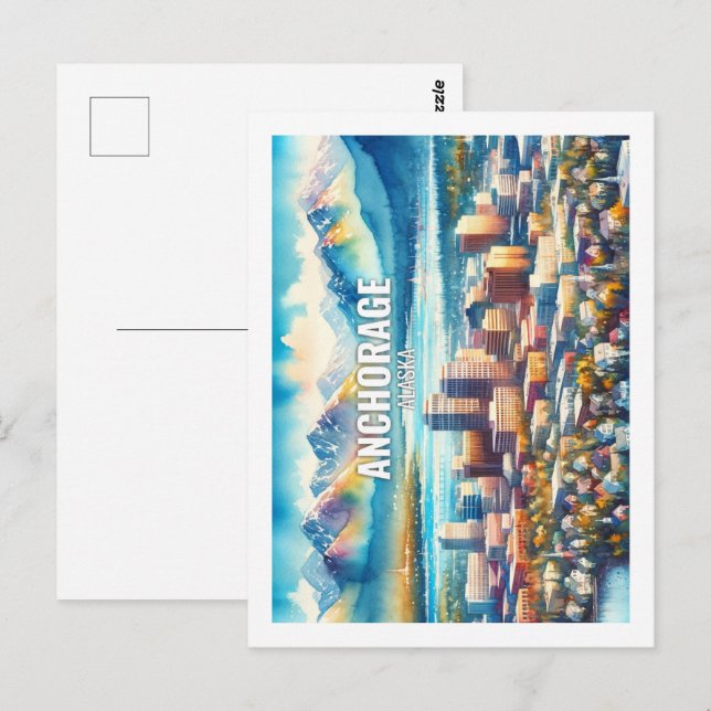 Anchorage Alaska Berömda Reseställen akvarell Vykort (Fram/baksida)