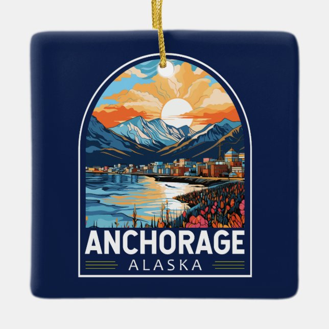 Anchorage Alaska Travel Art Emblem Julgransprydnad Keramik (Framsida)