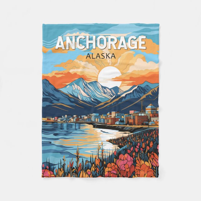 Anchorage Alaska Travel Art Vintage Fleecefilt (Framsidan)