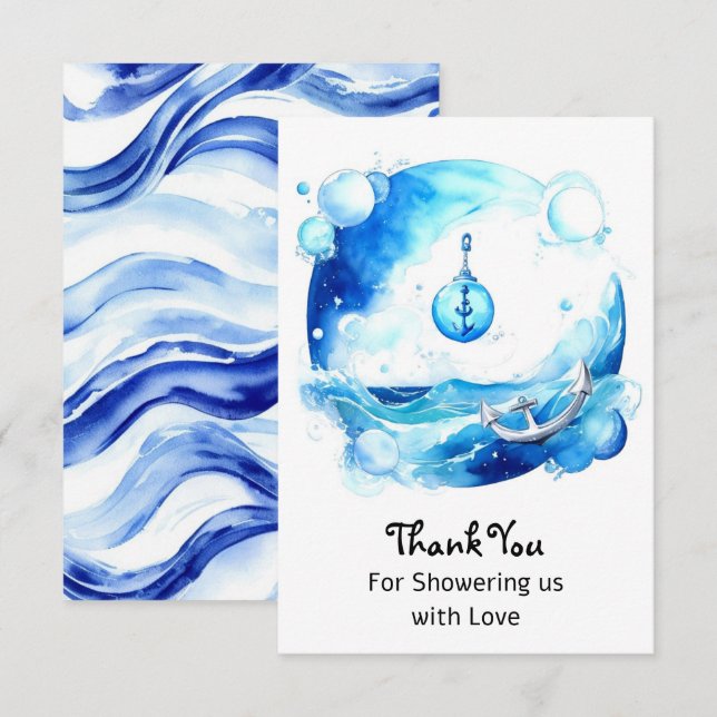 Anchored Kärlek Nautical Boy Baby Shower Tack Kort (Fram/baksida)
