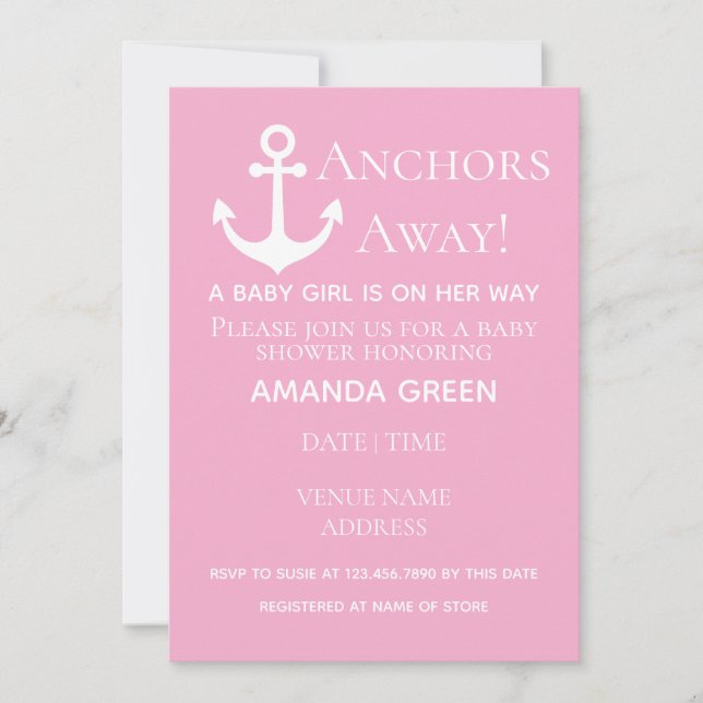 Anchors Away Flicka Nautical Rosa Baby Shower Inbjudningar (Framsida)