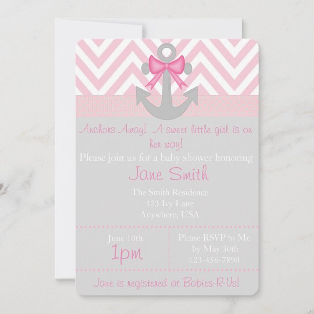 Anchors Away Girl Baby Shower Inbjudningar (Framsida)