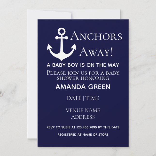 Anchors Away Navy Blue Nautical Baby Shower Inbjudningar (Framsida)