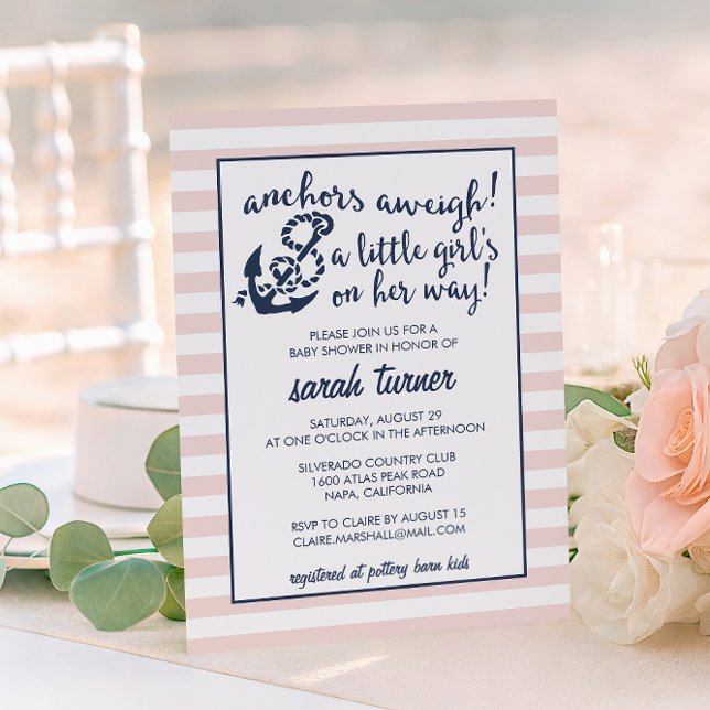 Anchors Aweigh! Nautical Rosa Girl Baby Shower Inbjudningar (Skapare uppladdad)