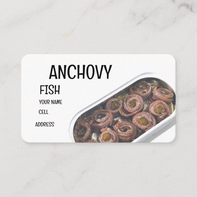 Anchovies i en tenn visitkort (Framsida)