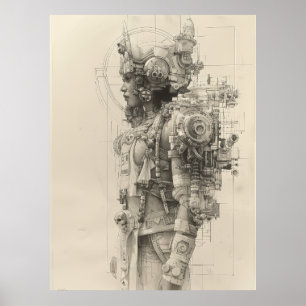 Ancient Aztec Tolteca Gud Pencil Sketch Poster