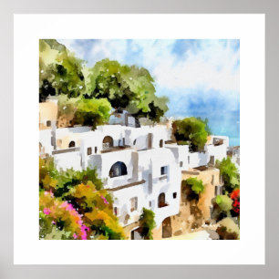 ANCIENT GREKLAND HAVASIDE VILLAGE WATERCOLOR POSTER