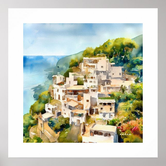 ANCIENT GREKLAND MOUNTAIN SIDE VILLAGE WATERCOLOR POSTER (Framsidan)