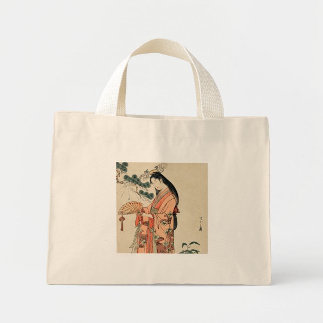 Ancient Japanskt Wood Teckning med Woman Mini Tygkasse (Framsidan)