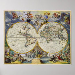 Ancient Karta of the World in Two Hemispheres 1683 Poster