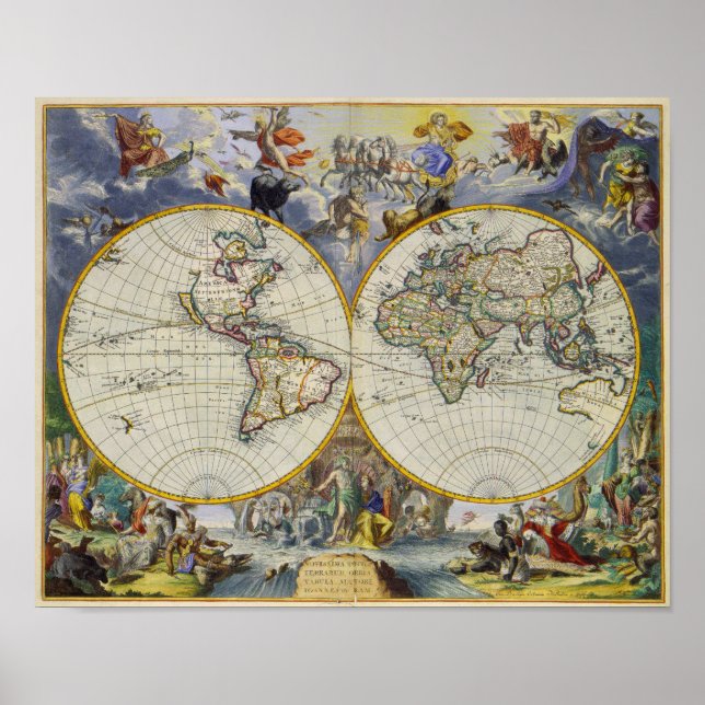 Ancient Karta of the World in Two Hemispheres 1683 Poster (Framsidan)