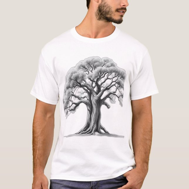 Ancient Oak Träd Charcol Sketch T Shirt (Framsida)