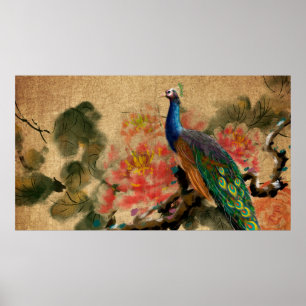 Ancient Peony Ris Papper Vintage Old Peacock Poster