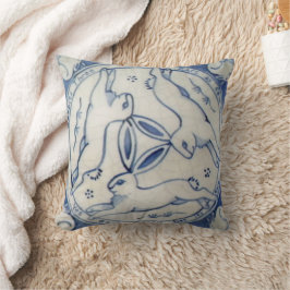 Ancient Rabbit Trio, Blue & White Tile Pillow Kudde