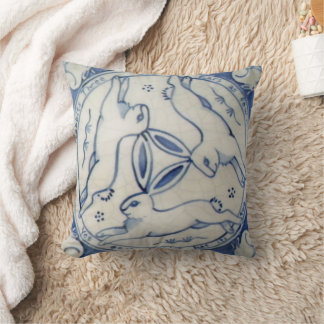 Ancient Rabbit Trio, Blue & White Tile Pillow Kudde