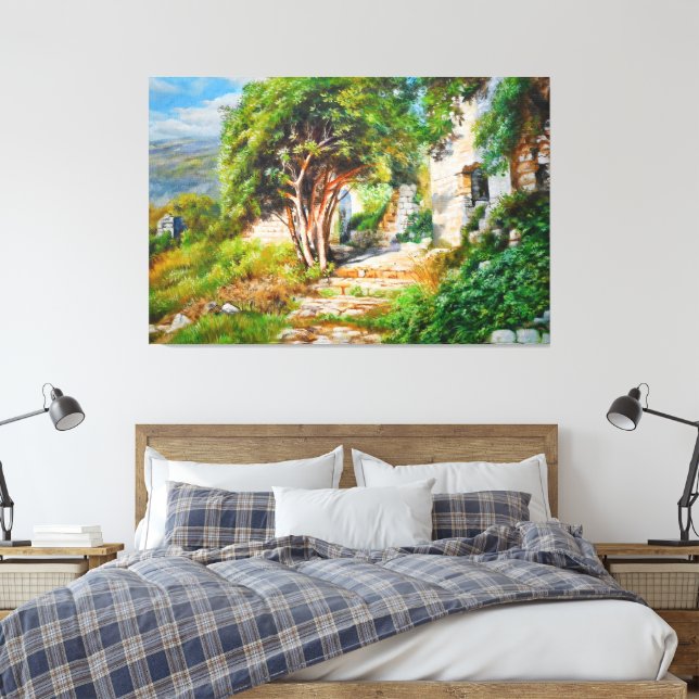 Ancient Ruins med solbelyst Träd - Oljemålning Canvastryck (Insitu (sovrum))