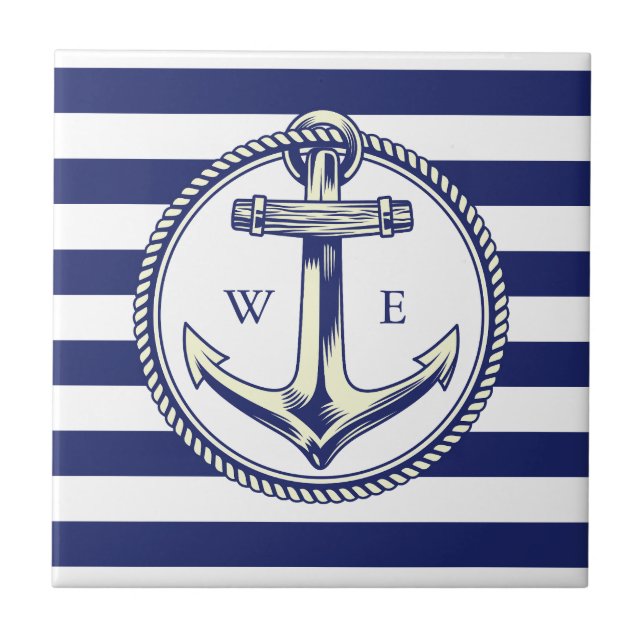Ancre nautique Bleu marine Rayures Kakelplatta (Framsidan)