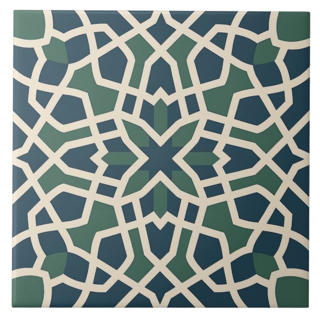 Andalusian Maze: Green & Blue Geometry Tile Kakelplatta (Framsidan)
