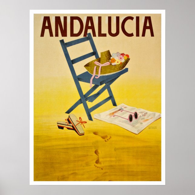 Andalusisk strand,Spanien,sommarhatt på stol, vint Poster (Framsidan)