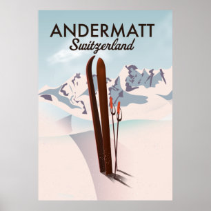 Andermatt Schweiz skidor poster reseutskrift.
